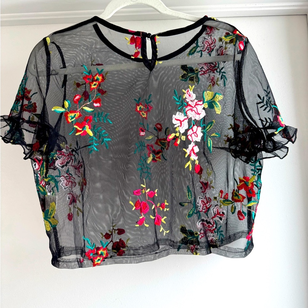 Large SHEIN sheer top black floral print